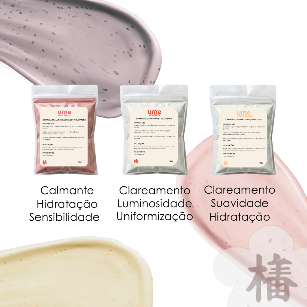 Kit 3 Argilas UME Clareamento Facial Pele Sensível Branca Rosa Dolomita Uniformização Iluminação Skincare