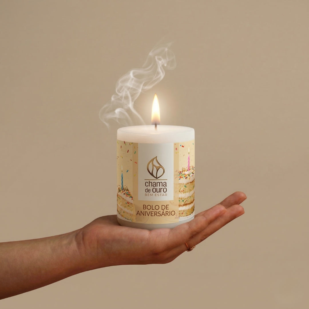 Vela Aromática Bolo de Aniversário – Chama de Ouro