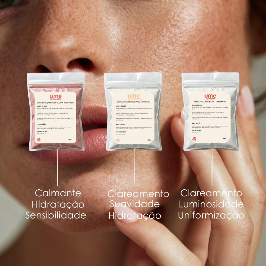 Kit 3 Argilas UME Clareamento Facial Pele Sensível Branca Rosa Dolomita Uniformização Iluminação Skincare