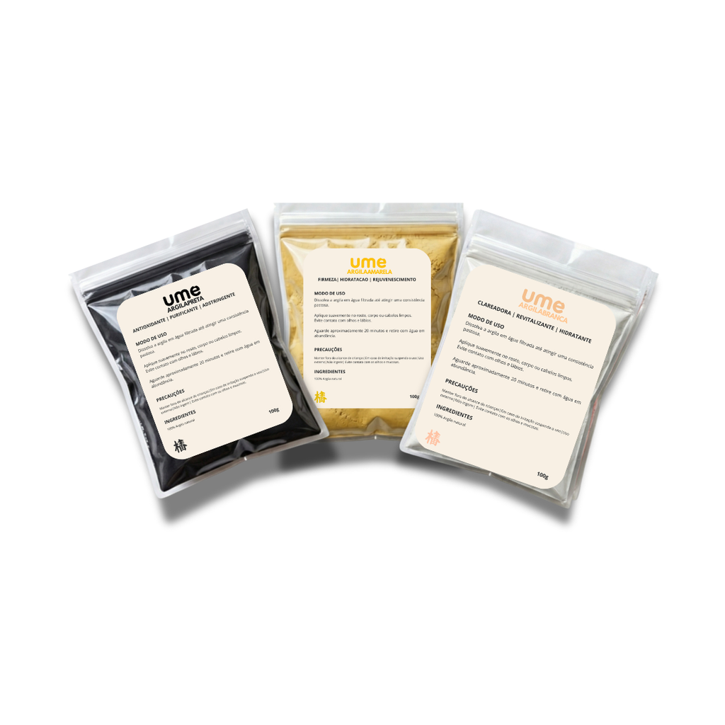 Kit 3 Argilas UME Firmeza da Pele Colágeno Elasticidade Amarela Branca Preta Renovação Facial Skincare