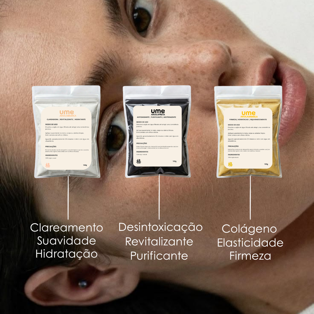 Kit 3 Argilas UME Firmeza da Pele Colágeno Elasticidade Amarela Branca Preta Renovação Facial Skincare