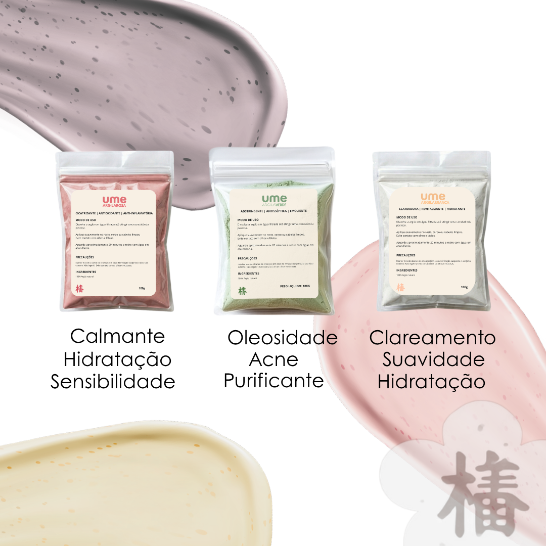 Kit 3 Argilas UME Equilíbrio da Pele Verde Rosa Branca Limpeza Suave Hidratação Controle Skincare