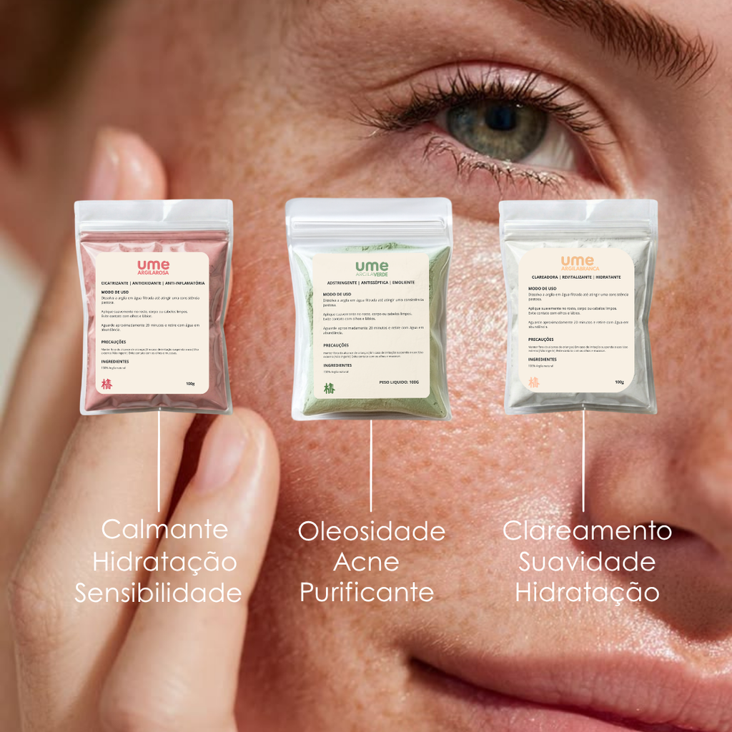 Kit 3 Argilas UME Equilíbrio da Pele Verde Rosa Branca Limpeza Suave Hidratação Controle Skincare