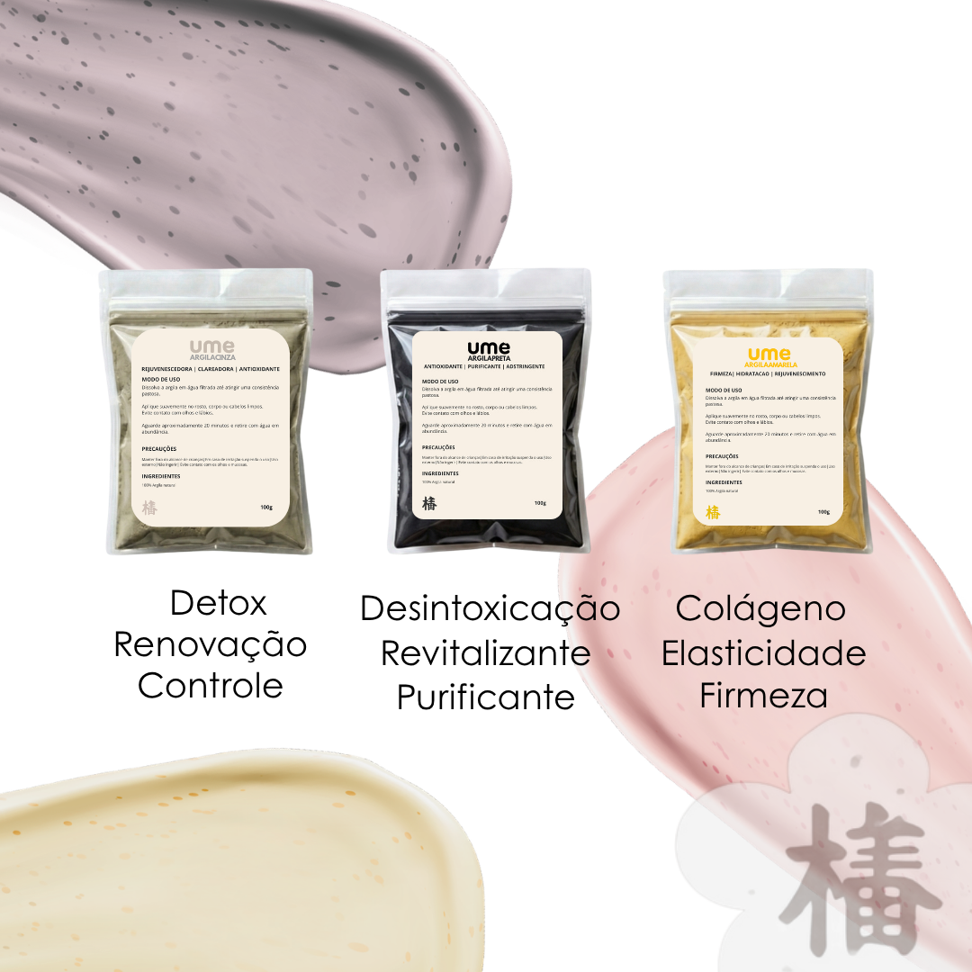 Kit 3 Argilas UME Renovação Facial Detox Cinza Preta Amarela Elasticidade Vitalidade Limpeza Profunda