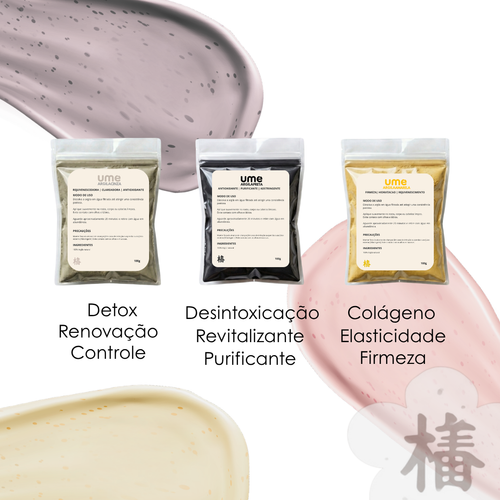 Kit 3 Argilas UME Renovação Facial Detox Cinza Preta Amarela Elasticidade Vitalidade Limpeza Profunda