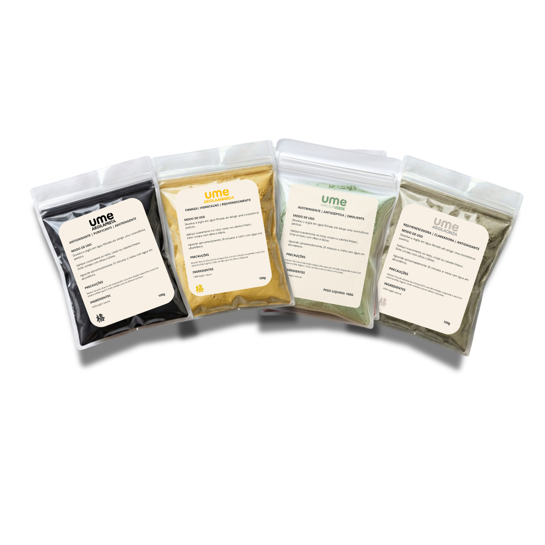 Kit 4 Argilas UME Detox Facial Controle de Oleosidade Acne Verde Cinza Preta Amarela Limpeza Profunda
