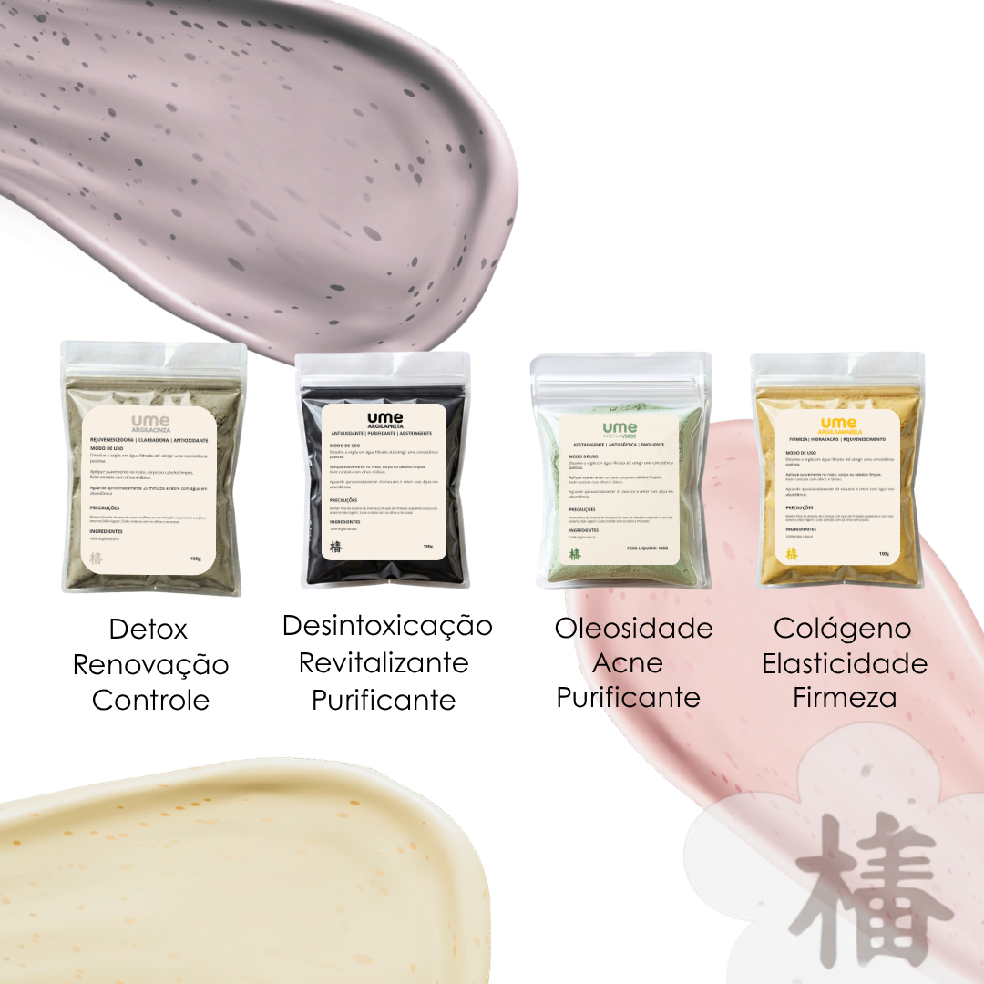 Kit 4 Argilas UME Detox Facial Controle de Oleosidade Acne Verde Cinza Preta Amarela Limpeza Profunda