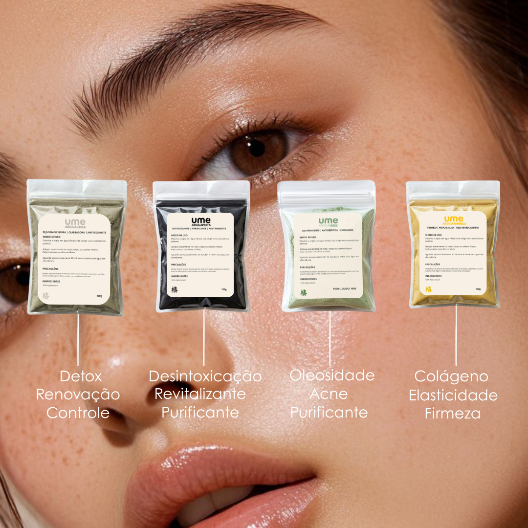 Kit 4 Argilas UME Detox Facial Controle de Oleosidade Acne Verde Cinza Preta Amarela Limpeza Profunda