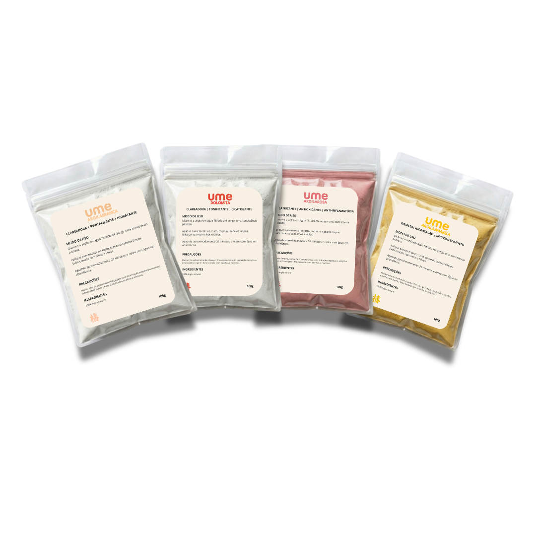 Kit 4 Argilas UME Clareamento Facial Iluminação Pele Radiante Rosa Branca Dolomita Amarela Uniformização