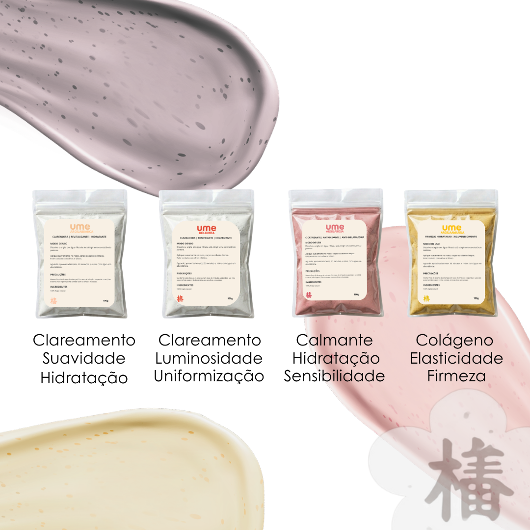 Kit 4 Argilas UME Clareamento Facial Iluminação Pele Radiante Rosa Branca Dolomita Amarela Uniformização