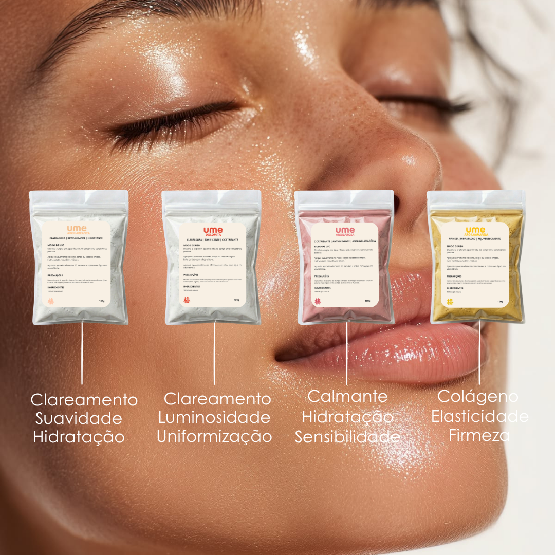 Kit 4 Argilas UME Clareamento Facial Iluminação Pele Radiante Rosa Branca Dolomita Amarela Uniformização