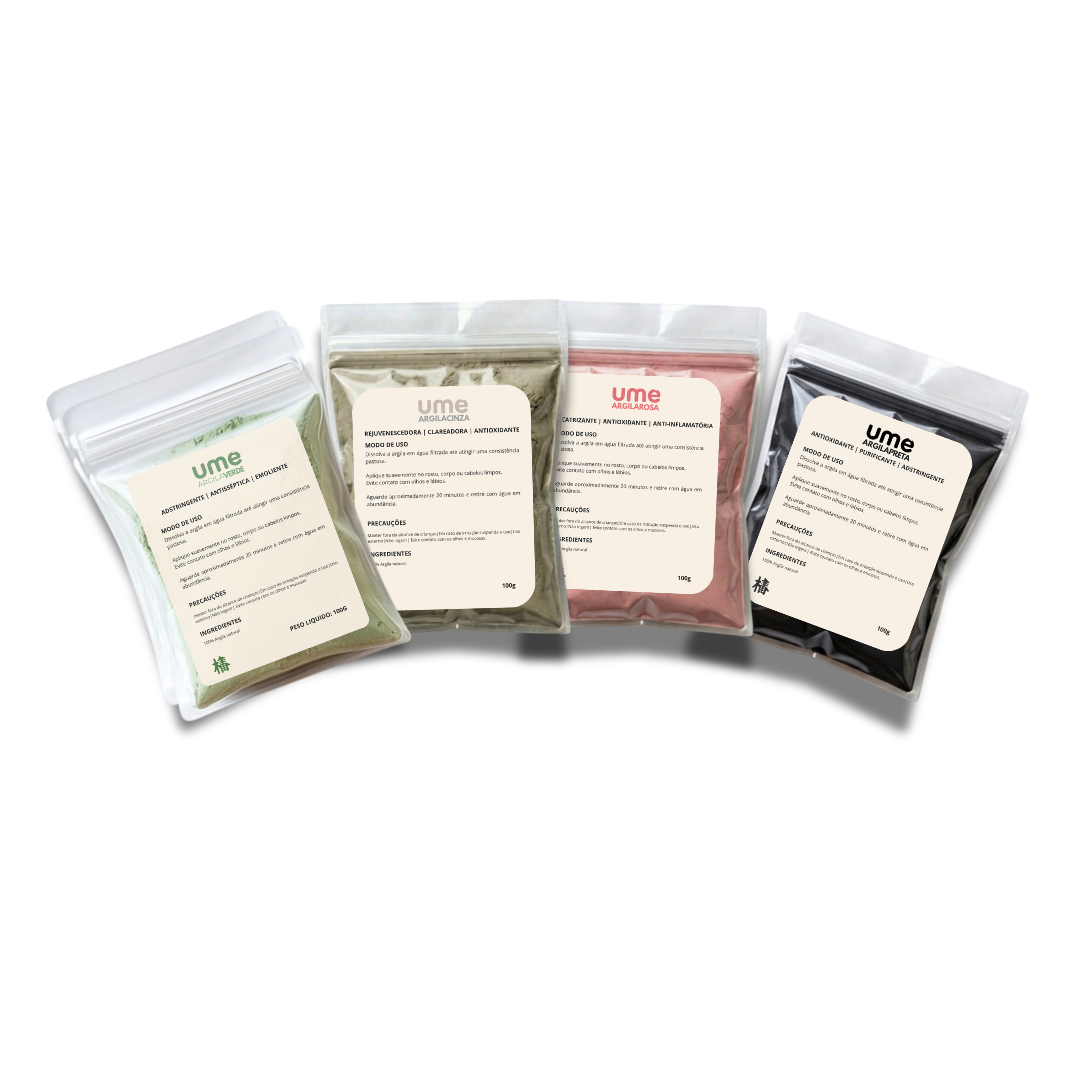 Kit 4 Argilas UME Acne Oleosidade Equilíbrio da Pele Verde Rosa Preta Cinza Limpeza Detox Facial