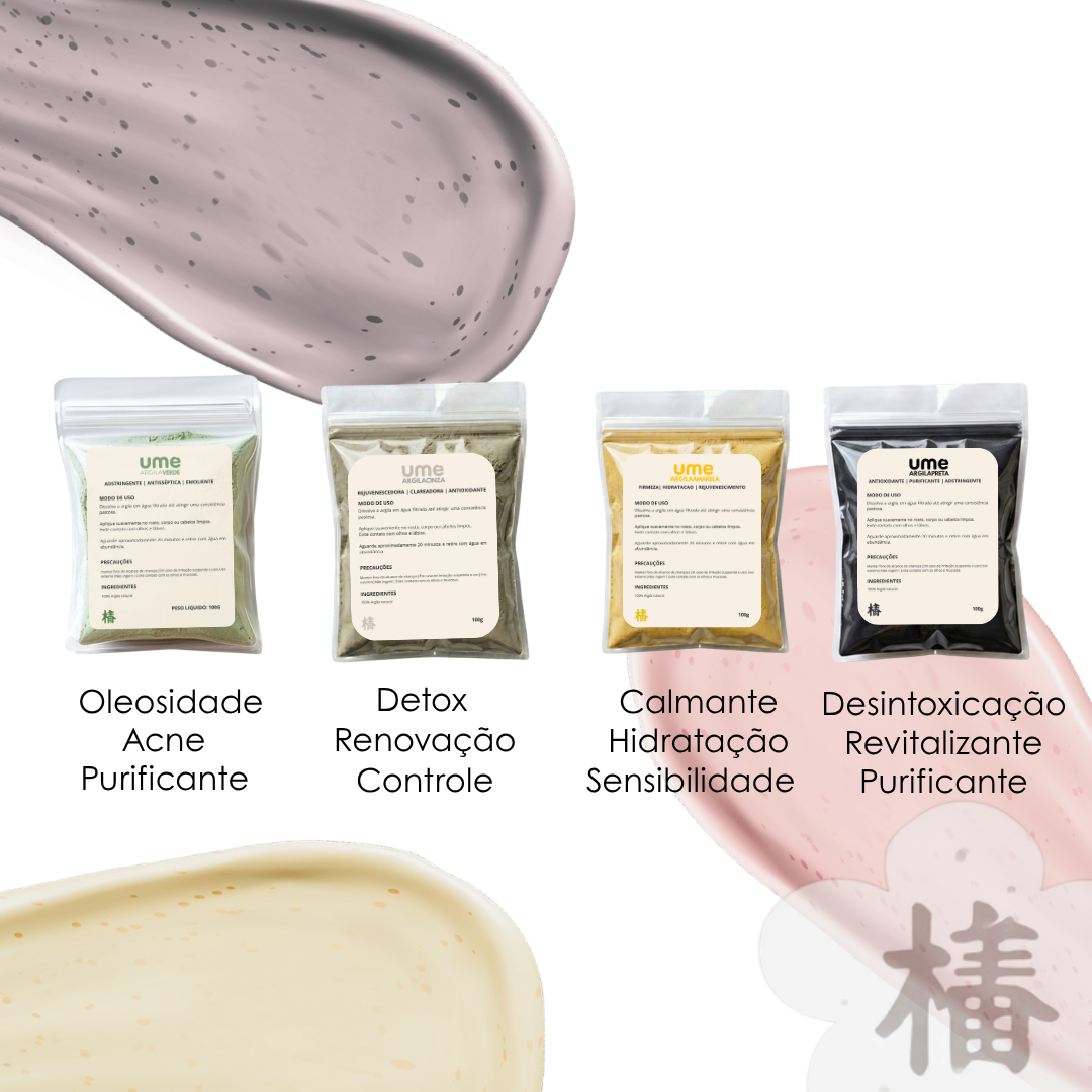 Kit 4 Argilas UME Acne Oleosidade Equilíbrio da Pele Verde Rosa Preta Cinza Limpeza Detox Facial