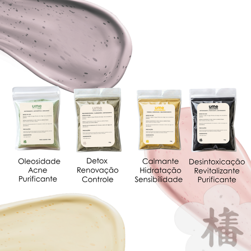 Kit 4 Argilas UME Acne Oleosidade Equilíbrio da Pele Verde Rosa Preta Cinza Limpeza Detox Facial