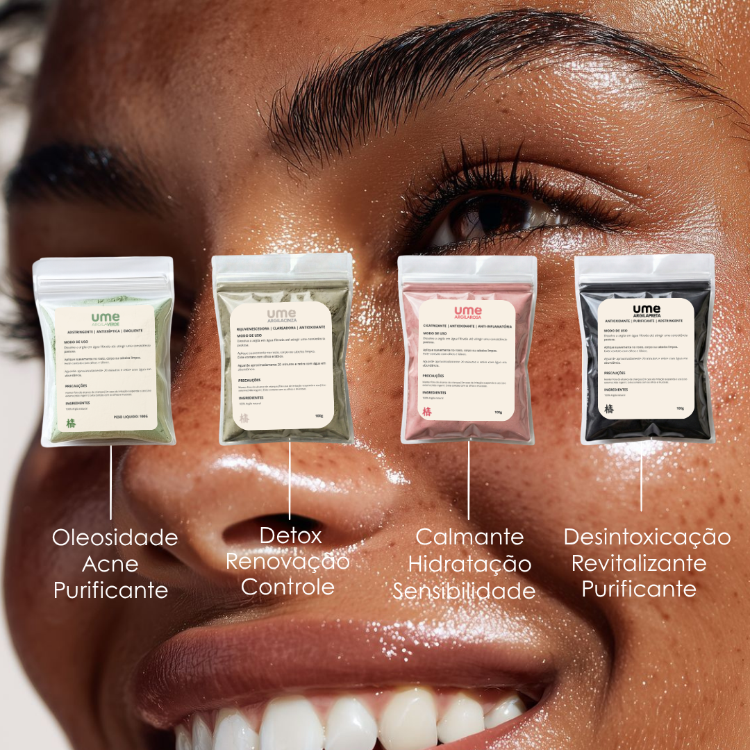 Kit 4 Argilas UME Acne Oleosidade Equilíbrio da Pele Verde Rosa Preta Cinza Limpeza Detox Facial