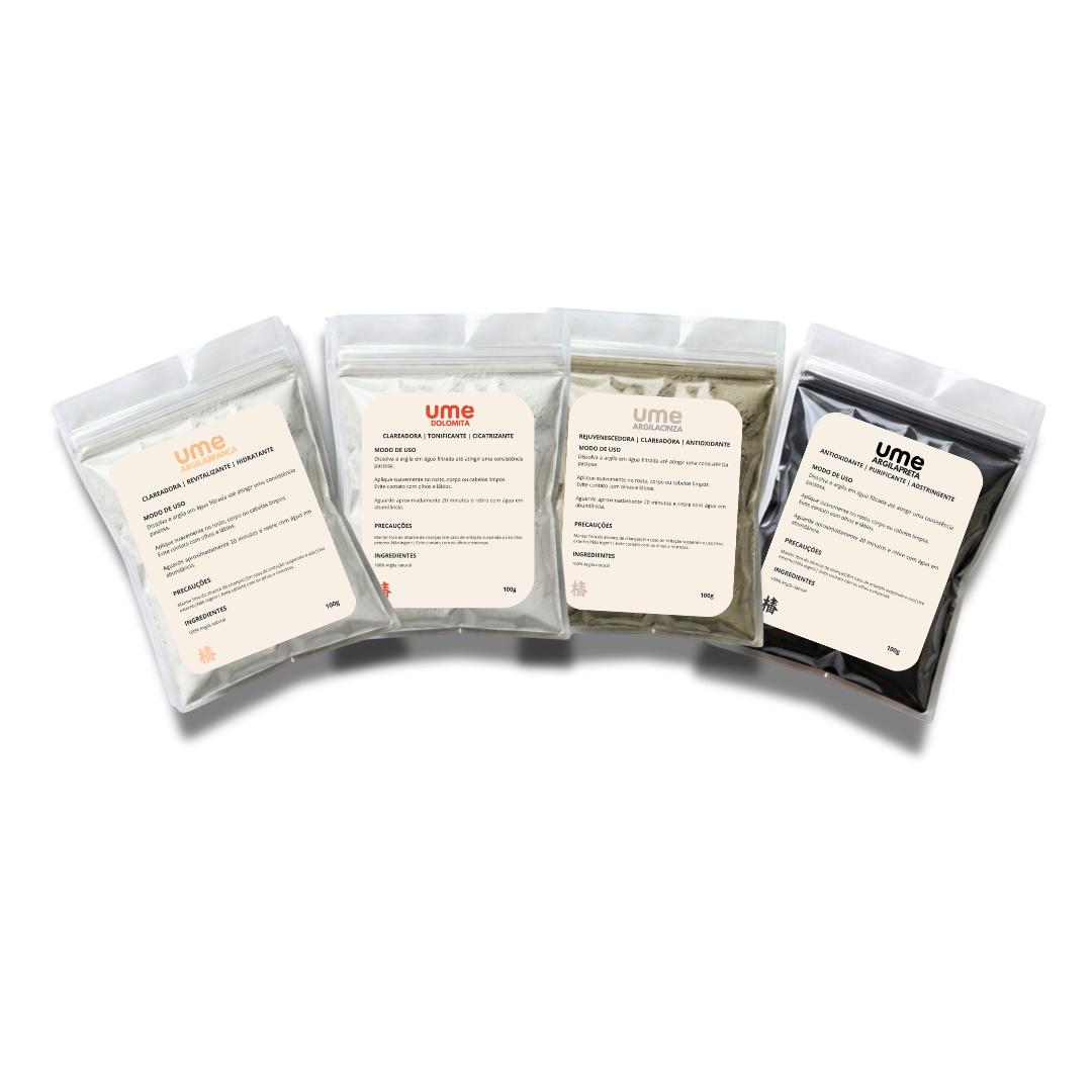 Kit 4 Argilas UME Clareamento Facial Avançado Manchas Uniformização Branca Dolomita Cinza Preta Detox