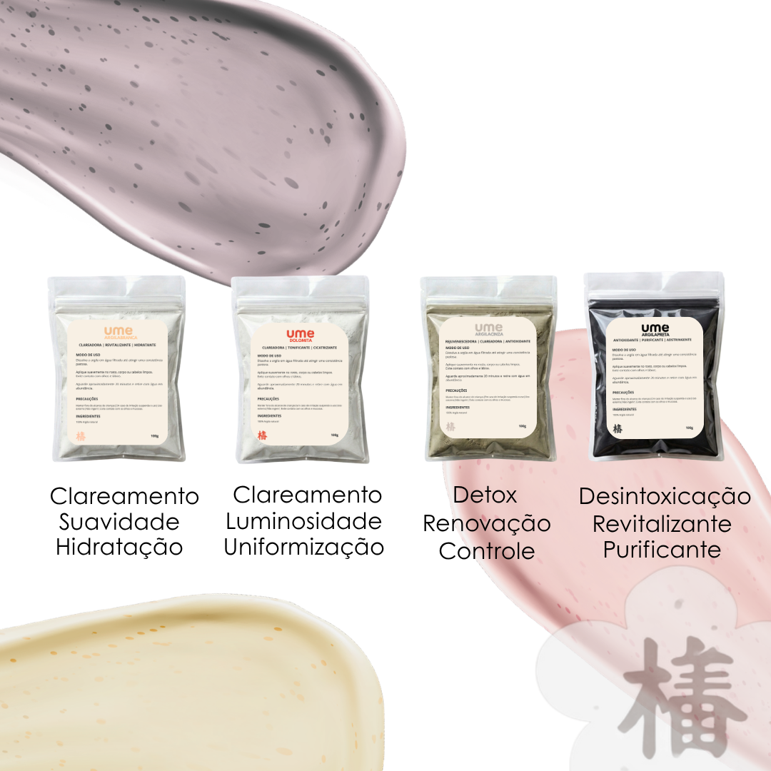 Kit 4 Argilas UME Clareamento Facial Avançado Manchas Uniformização Branca Dolomita Cinza Preta Detox