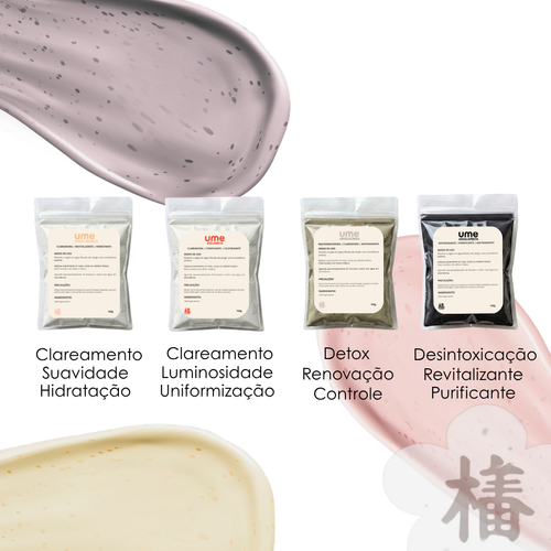 Kit 4 Argilas UME Clareamento Facial Avançado Manchas Uniformização Branca Dolomita Cinza Preta Detox
