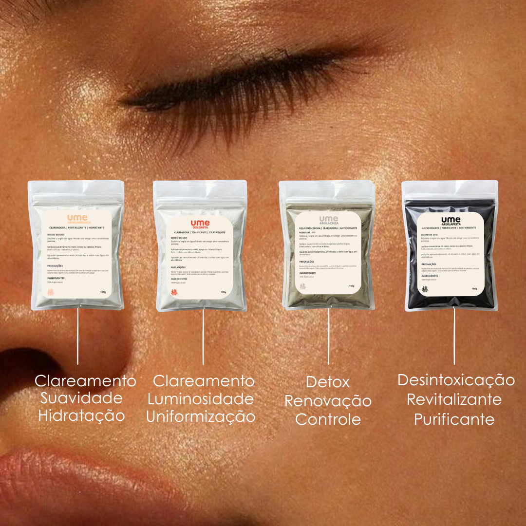 Kit 4 Argilas UME Clareamento Facial Avançado Manchas Uniformização Branca Dolomita Cinza Preta Detox