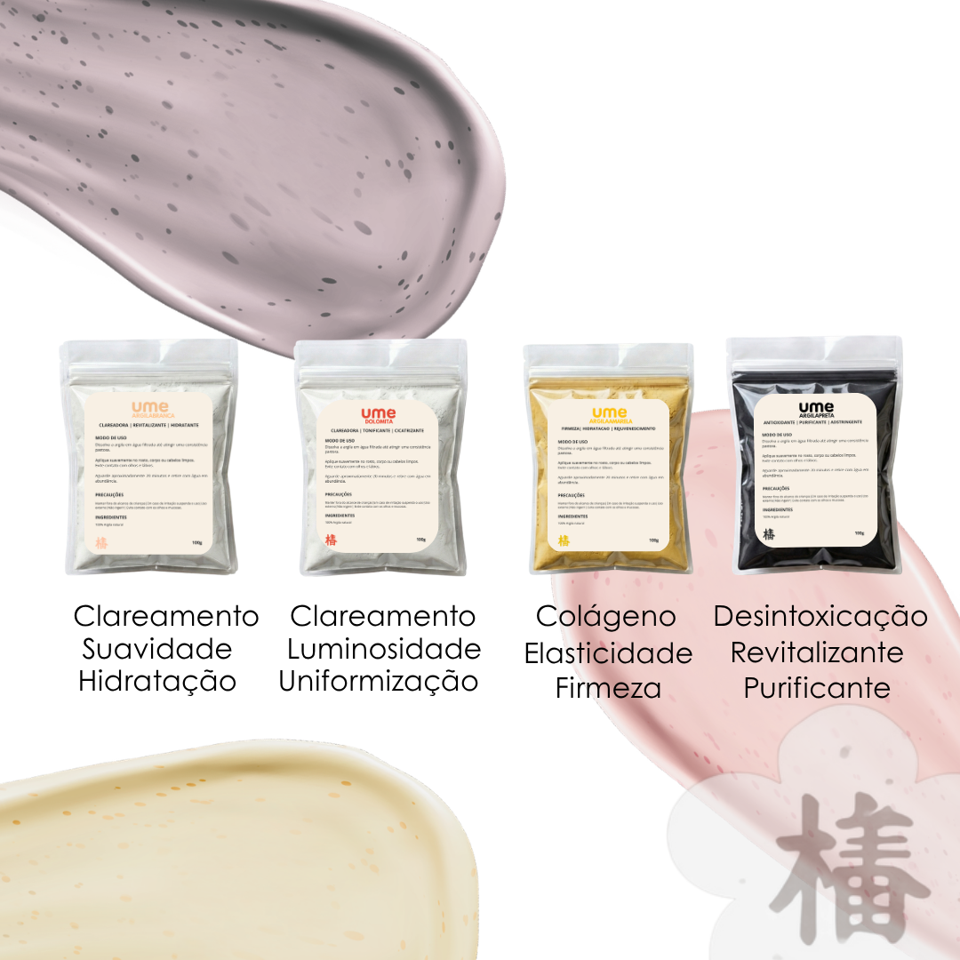 Kit 4 Argilas UME Firmeza da Pele Clareamento Glow Amarela Branca Preta Dolomita Colágeno Elasticidade