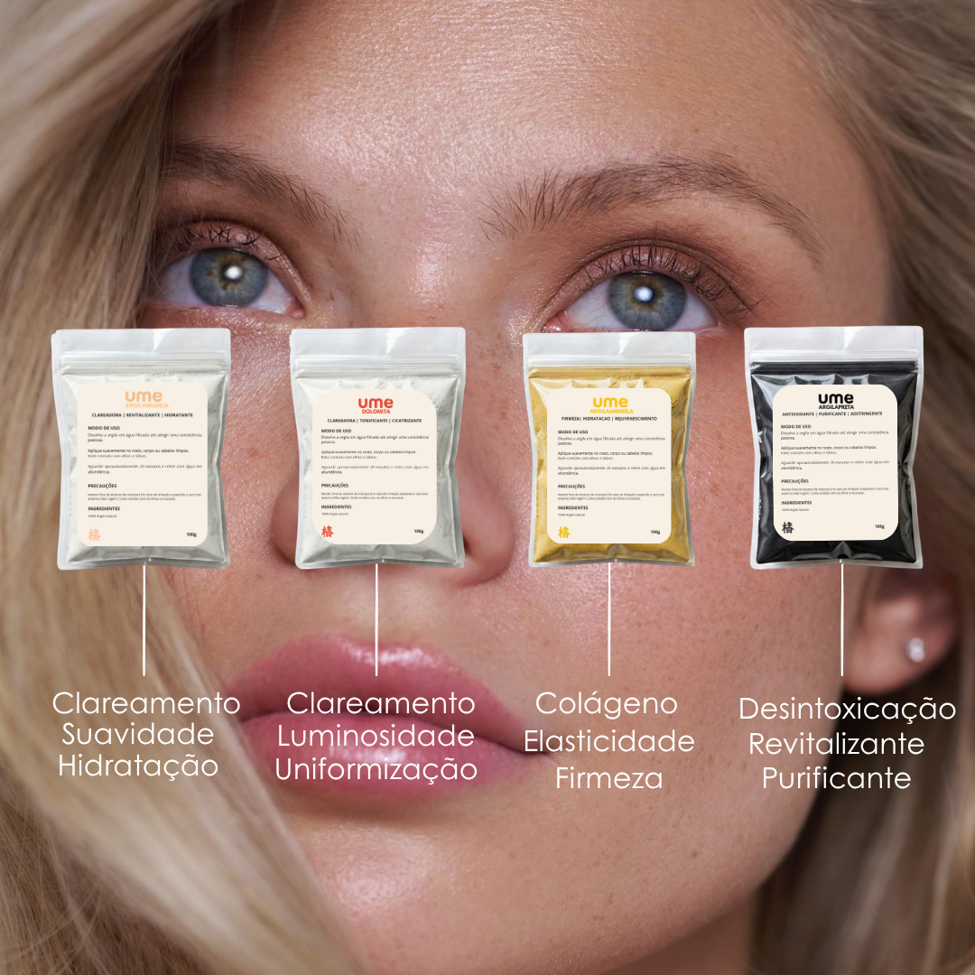 Kit 4 Argilas UME Firmeza da Pele Clareamento Glow Amarela Branca Preta Dolomita Colágeno Elasticidade