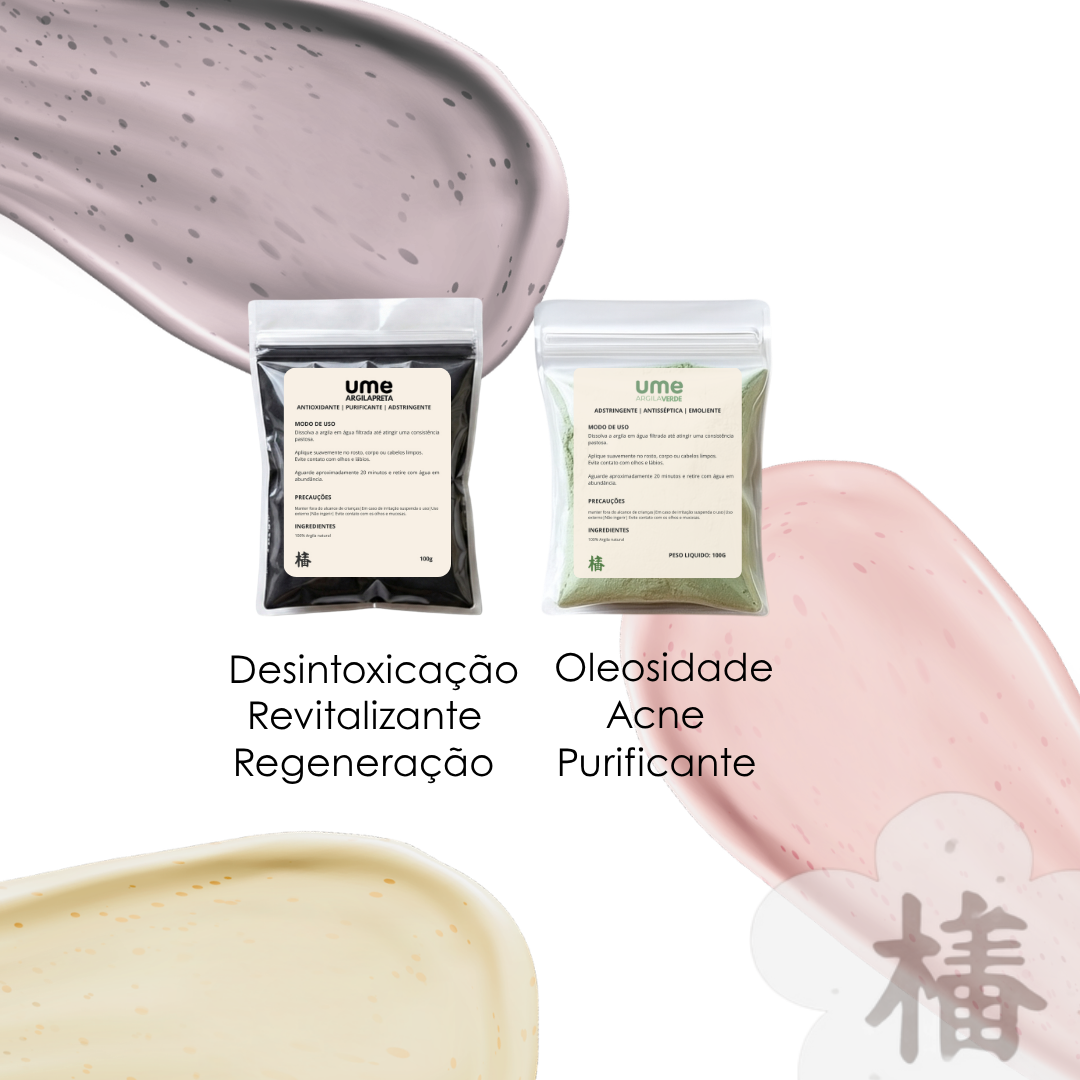 Kit Argila Verde e Preta UME Para Acne Oleosidade Limpeza de Pele Profunda Detox Facial Cravos e Espinhas