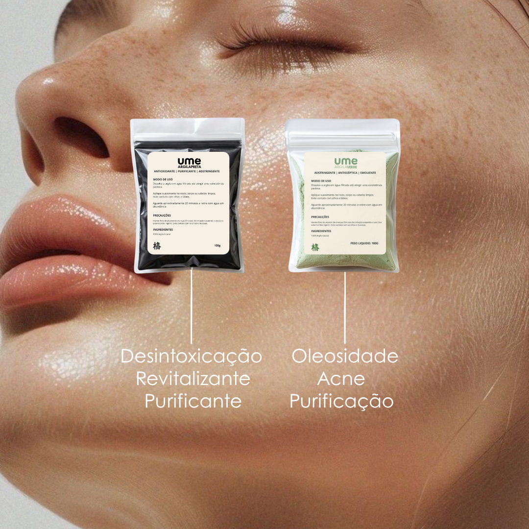 Kit Argila Verde e Preta UME Para Acne Oleosidade Limpeza de Pele Profunda Detox Facial Cravos e Espinhas