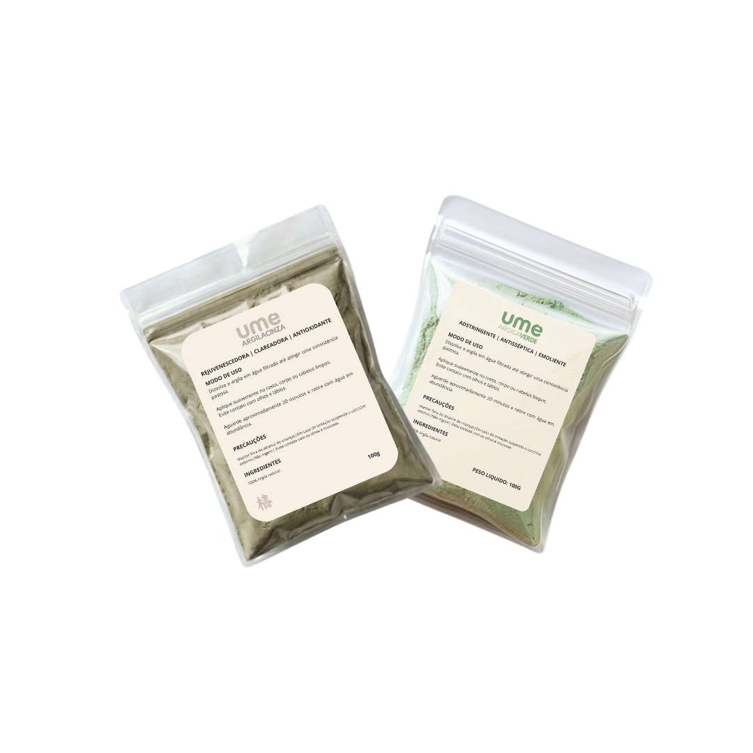 Kit Argila Verde e Cinza UME Controle de Oleosidade Limpeza de Pele Detox Facial Poros Skincare