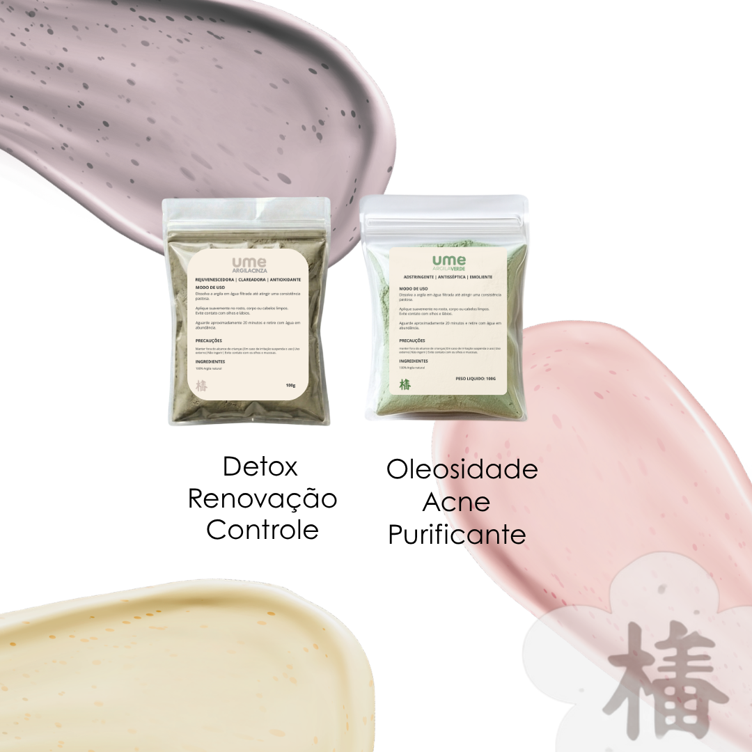 Kit Argila Verde e Cinza UME Controle de Oleosidade Limpeza de Pele Detox Facial Poros Skincare
