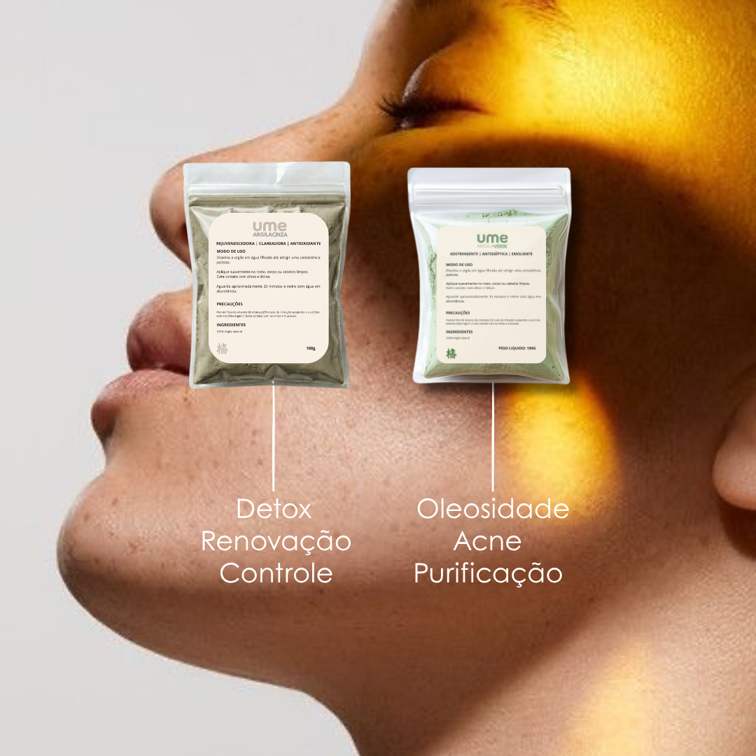 Kit Argila Verde e Cinza UME Controle de Oleosidade Limpeza de Pele Detox Facial Poros Skincare
