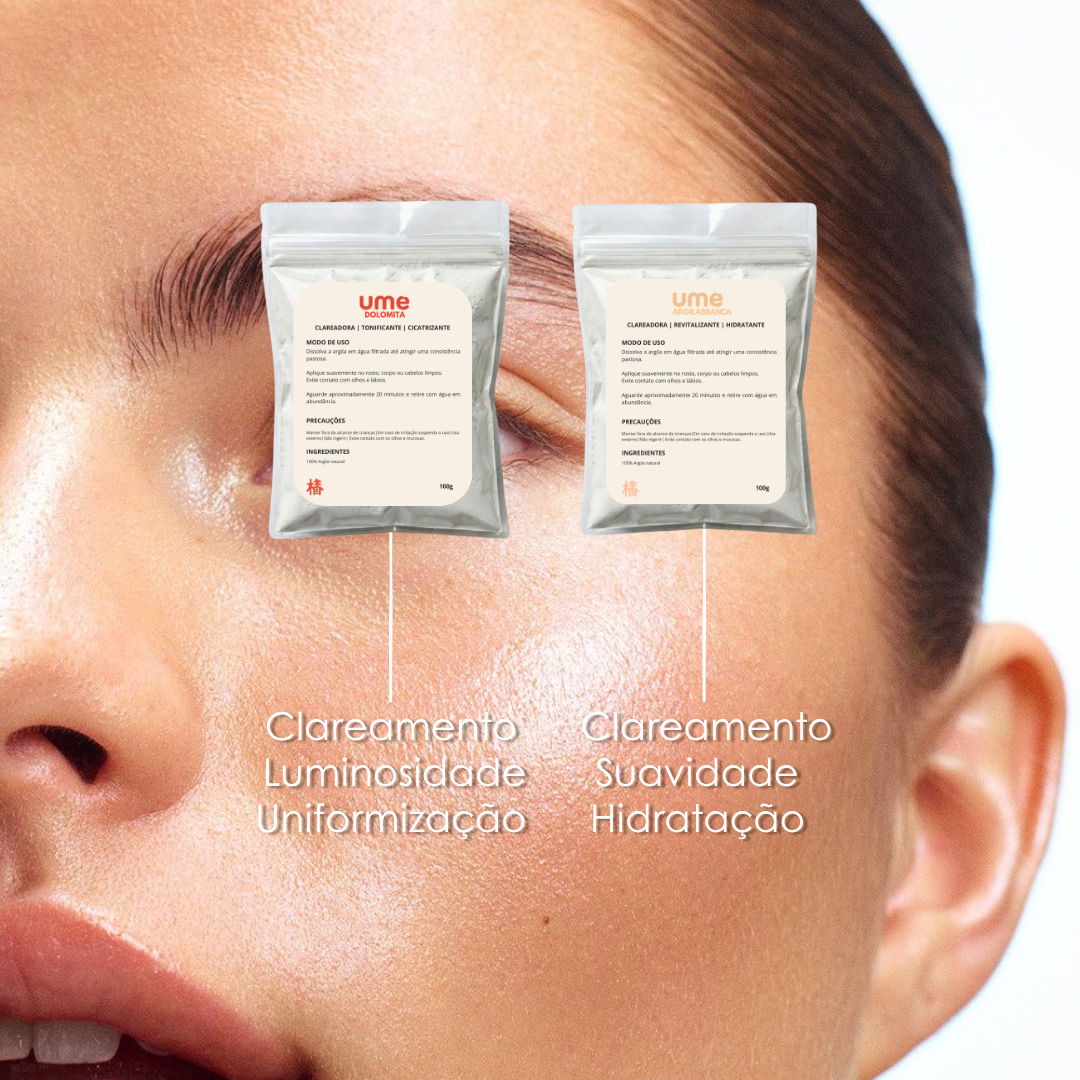Kit Argila Branca e Dolomita UME Clareamento Facial Intensivo Manchas Uniformização Iluminação