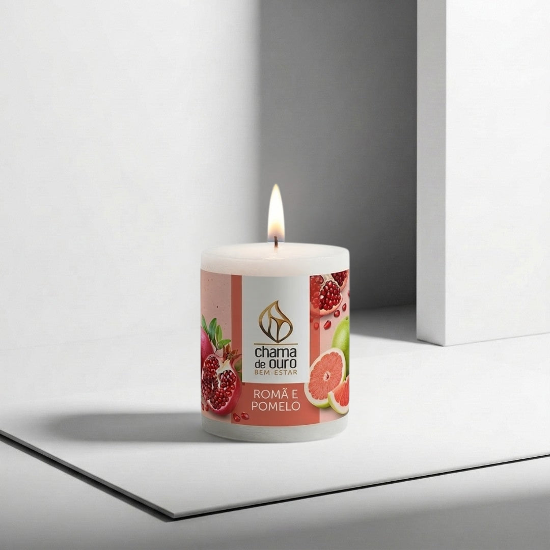 Vela Aromática Romã & Pomelo – Chama de Ouro