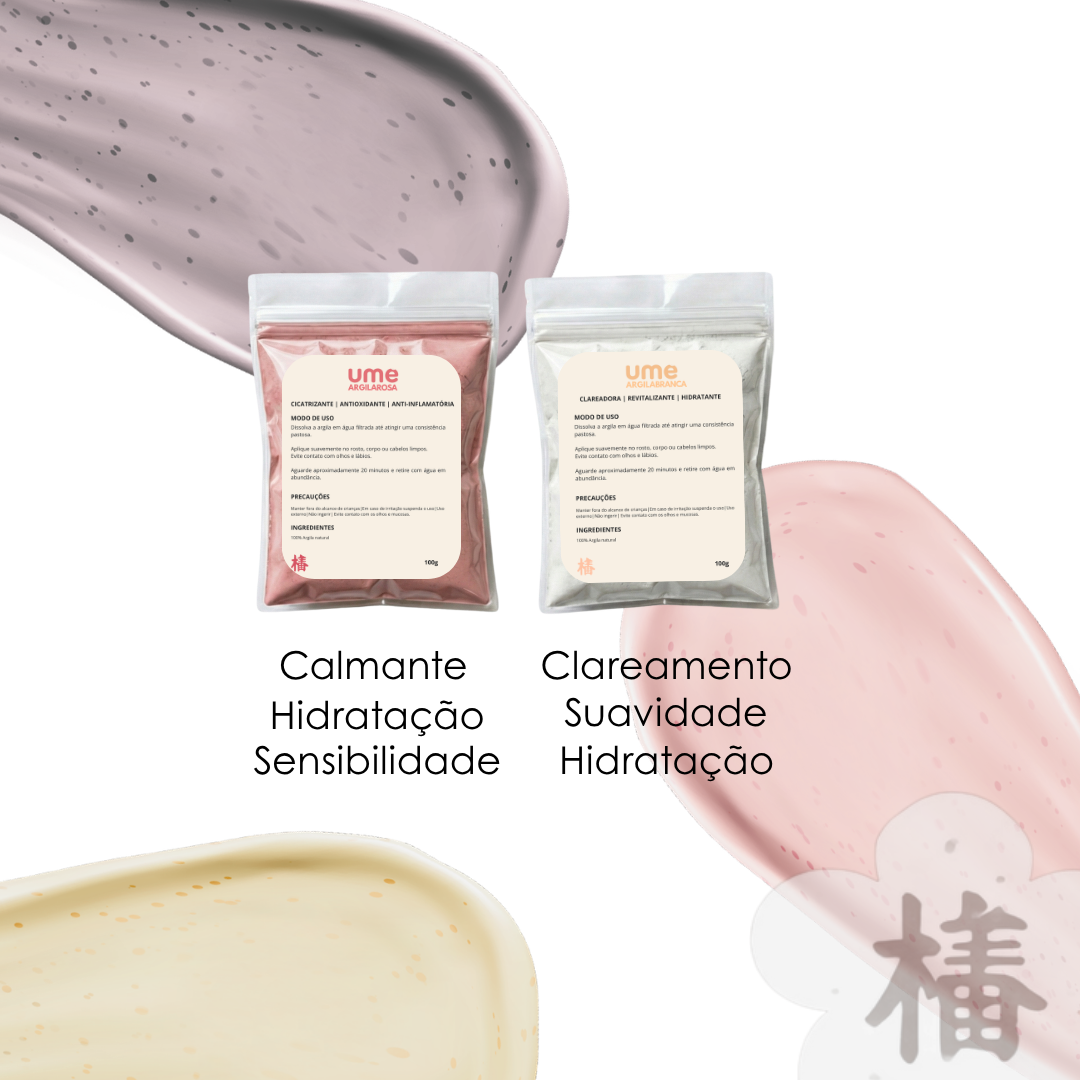 Kit Argila Rosa e Branca UME Para Pele Sensível Hidratação Calmante Clareamento Facial Suave Skincare