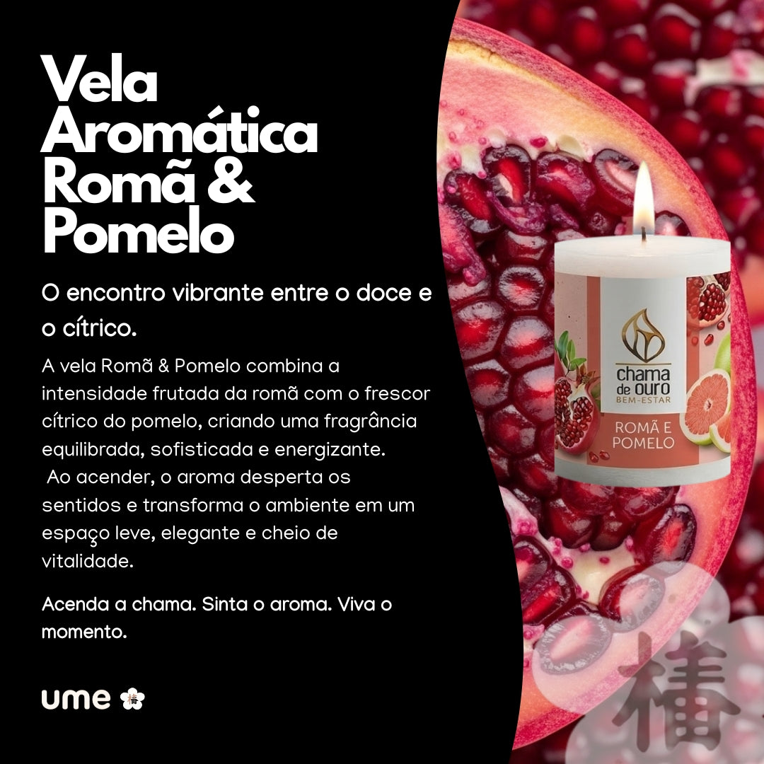 Vela Aromática Romã & Pomelo – Chama de Ouro