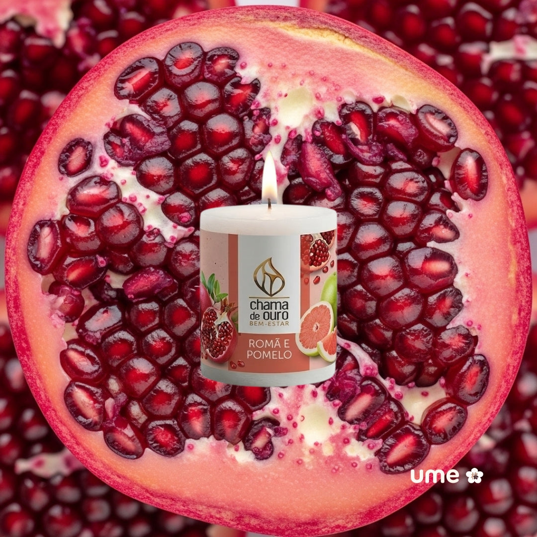 Vela Aromática Romã & Pomelo – Chama de Ouro