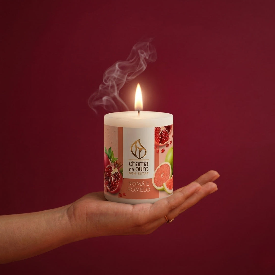 Vela Aromática Romã & Pomelo – Chama de Ouro