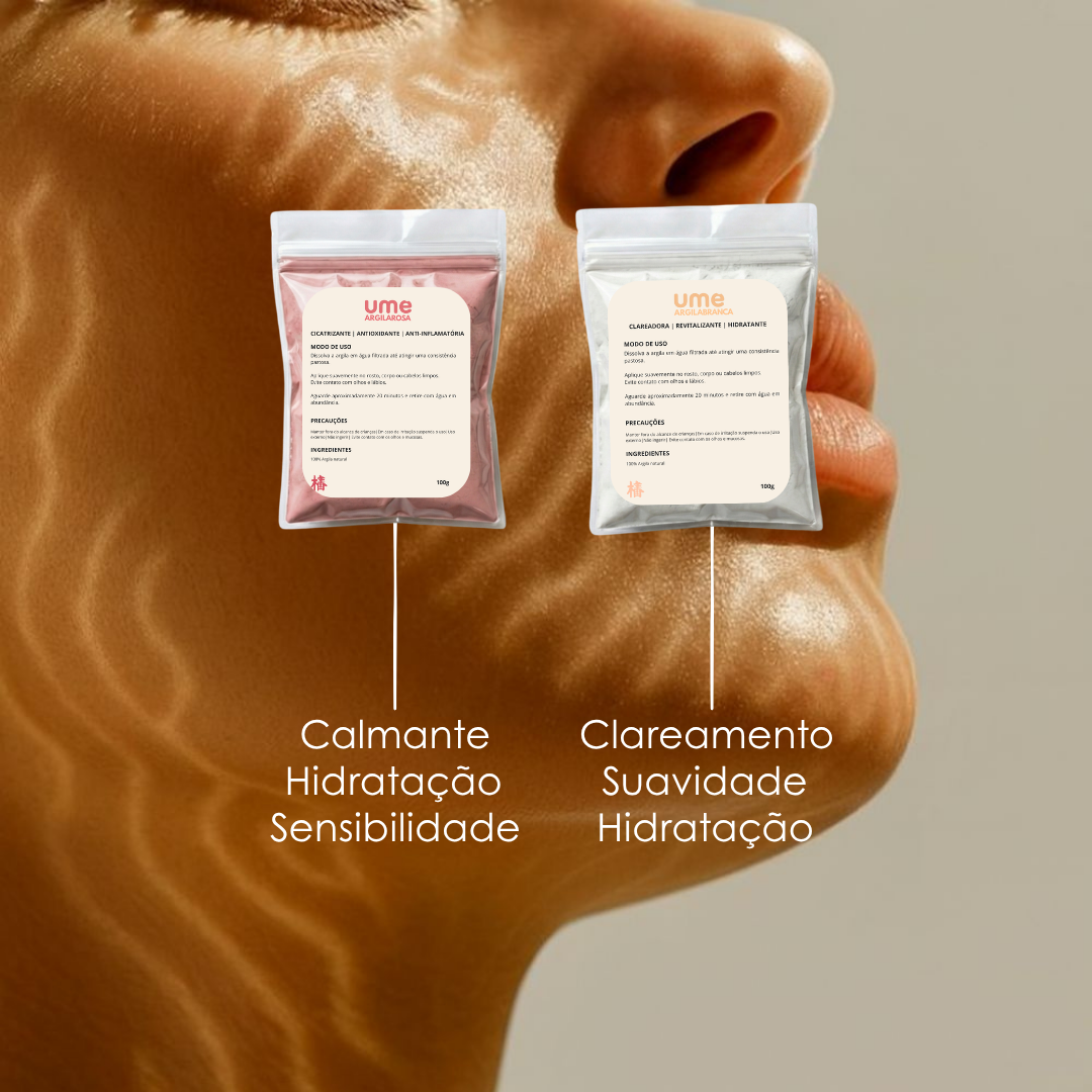 Kit Argila Rosa e Branca UME Para Pele Sensível Hidratação Calmante Clareamento Facial Suave Skincare
