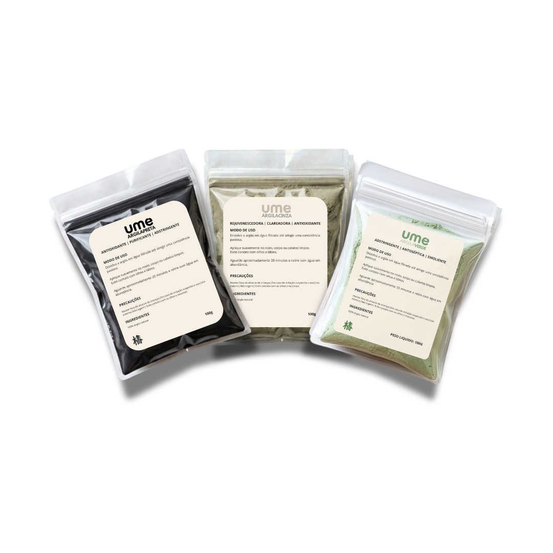 Kit 3 Argilas UME Para Acne Oleosidade Verde Preta Cinza Limpeza Profunda Detox Facial Cravos e Espinhas