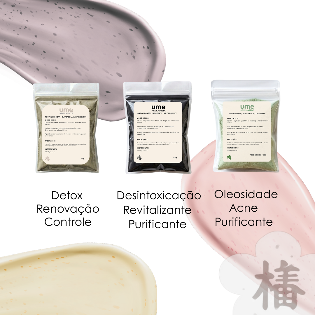 Kit 3 Argilas UME Para Acne Oleosidade Verde Preta Cinza Limpeza Profunda Detox Facial Cravos e Espinhas
