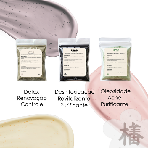 Kit 3 Argilas UME Para Acne Oleosidade Verde Preta Cinza Limpeza Profunda Detox Facial Cravos e Espinhas
