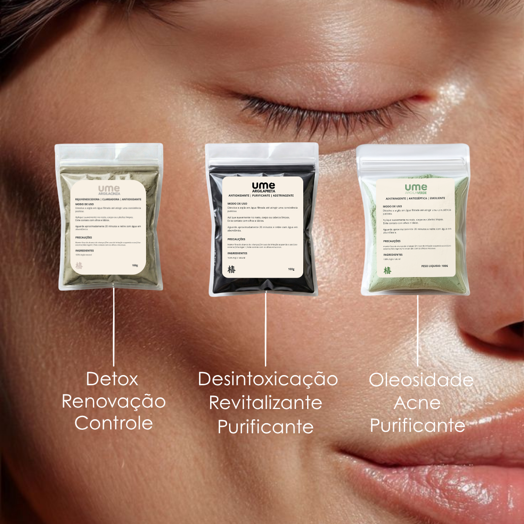 Kit 3 Argilas UME Para Acne Oleosidade Verde Preta Cinza Limpeza Profunda Detox Facial Cravos e Espinhas