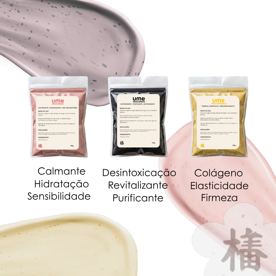 Kit 3 Argilas UME Detox Facial Completo Preta Rosa Amarela Hidratação Firmeza Iluminação Pele Radiante Skincare