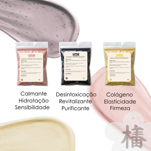Kit 3 Argilas UME Detox Facial Completo Preta Rosa Amarela Hidratação Firmeza Iluminação Pele Radiante Skincare