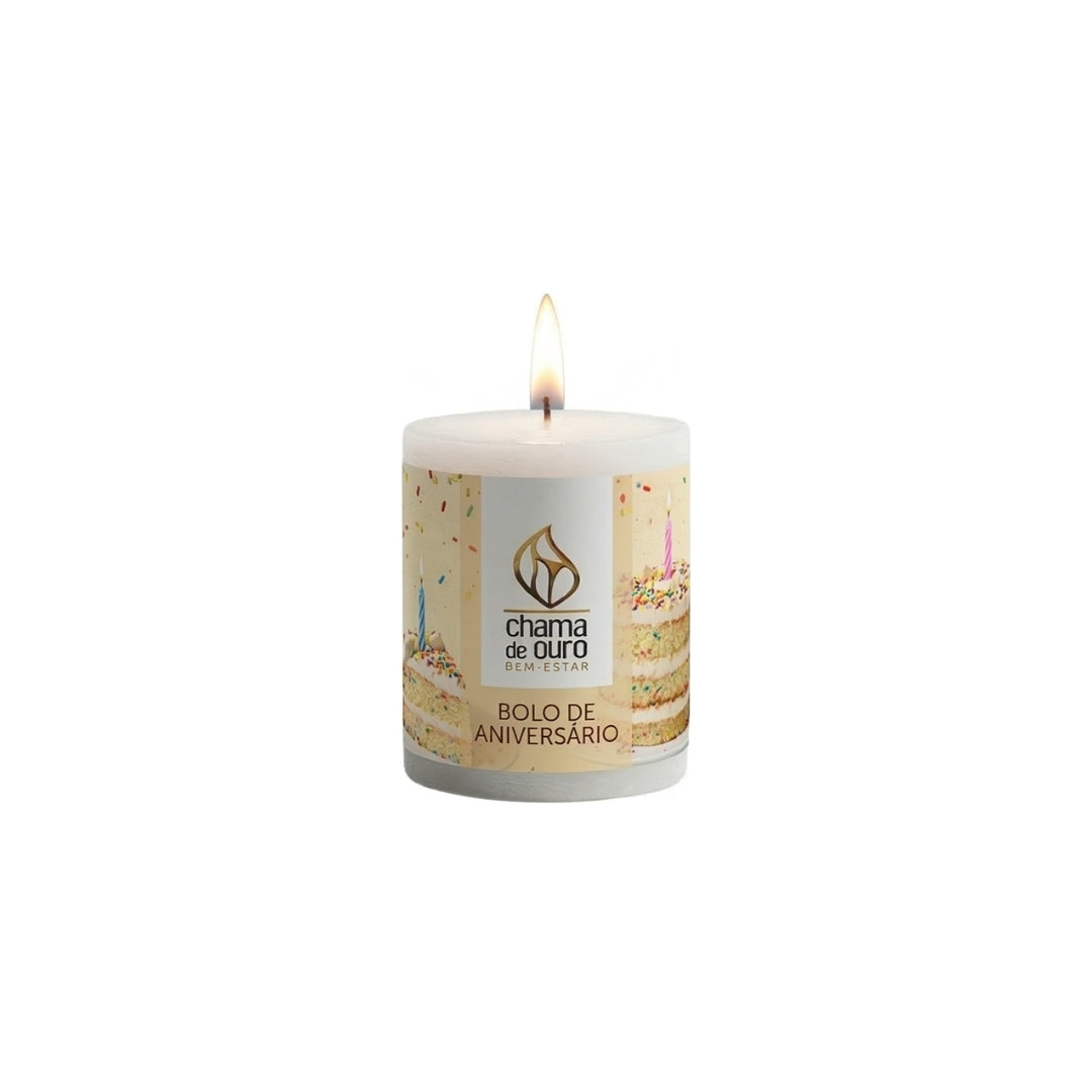 Vela Aromática Bolo de Aniversário – Chama de Ouro