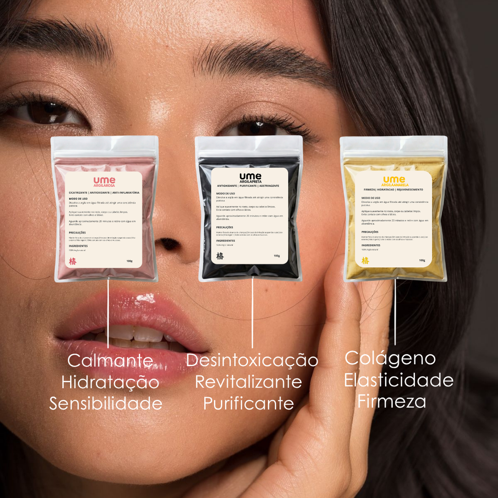 Kit 3 Argilas UME Detox Facial Completo Preta Rosa Amarela Hidratação Firmeza Iluminação Pele Radiante Skincare