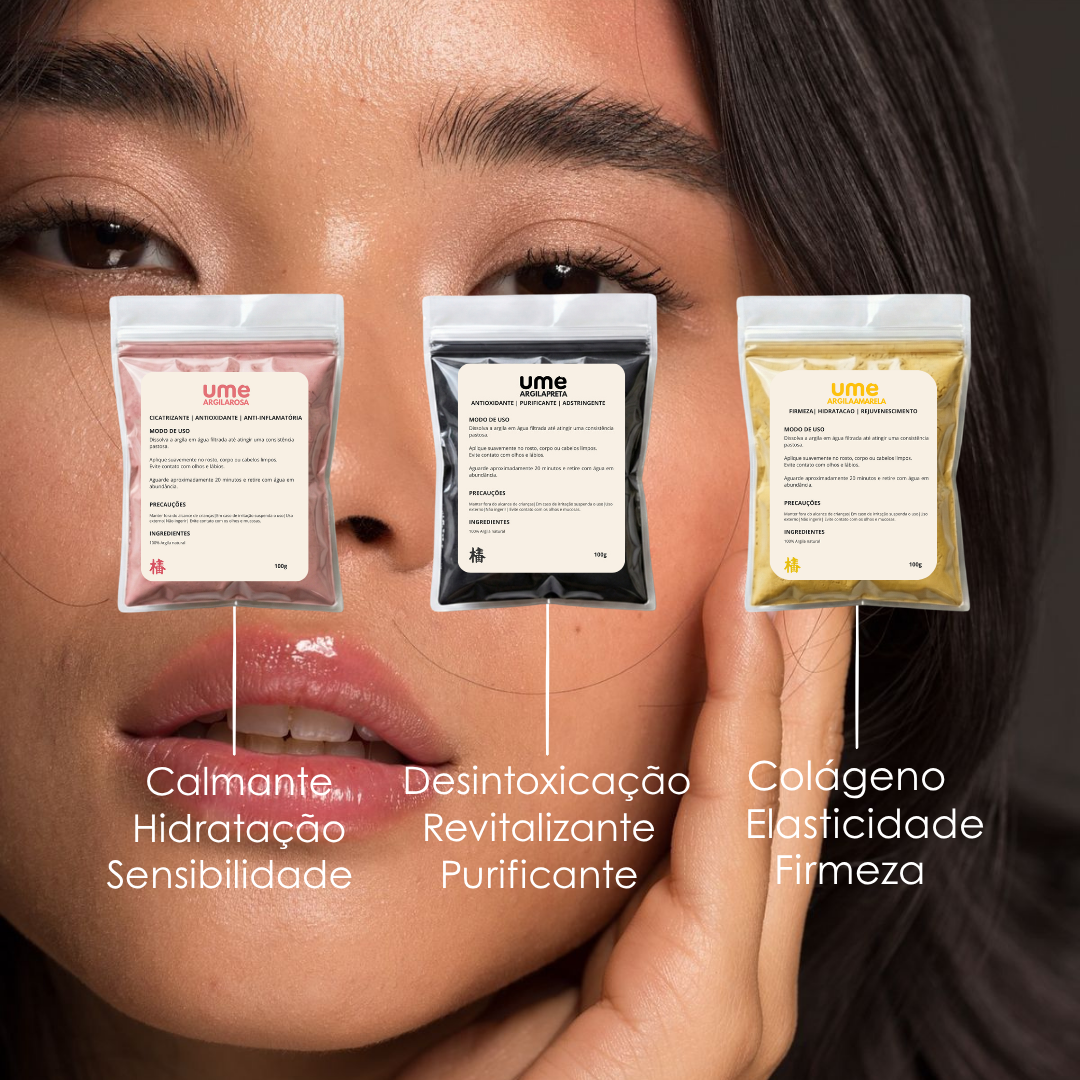 Kit 3 Argilas UME Detox Facial Completo Preta Rosa Amarela Hidratação Firmeza Iluminação Pele Radiante Skincare