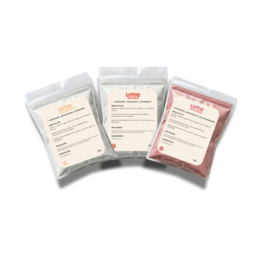 Kit 3 Argilas UME Clareamento Facial Pele Sensível Branca Rosa Dolomita Uniformização Iluminação Skincare