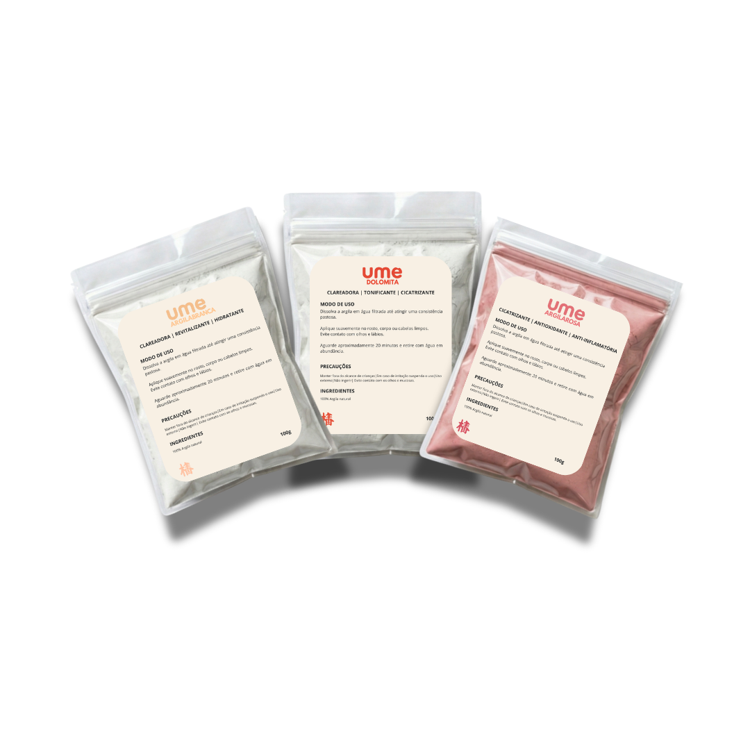 Kit 3 Argilas UME Clareamento Facial Pele Sensível Branca Rosa Dolomita Uniformização Iluminação Skincare